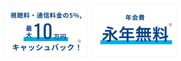 ポイント01:視聴料・通信料金の5%、最大10万円キャッシュバック!/ポイント02:年会費永年無料